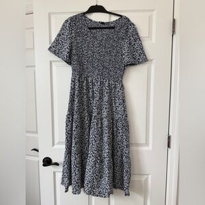 Floral Navy Blue and White Midi Dress
